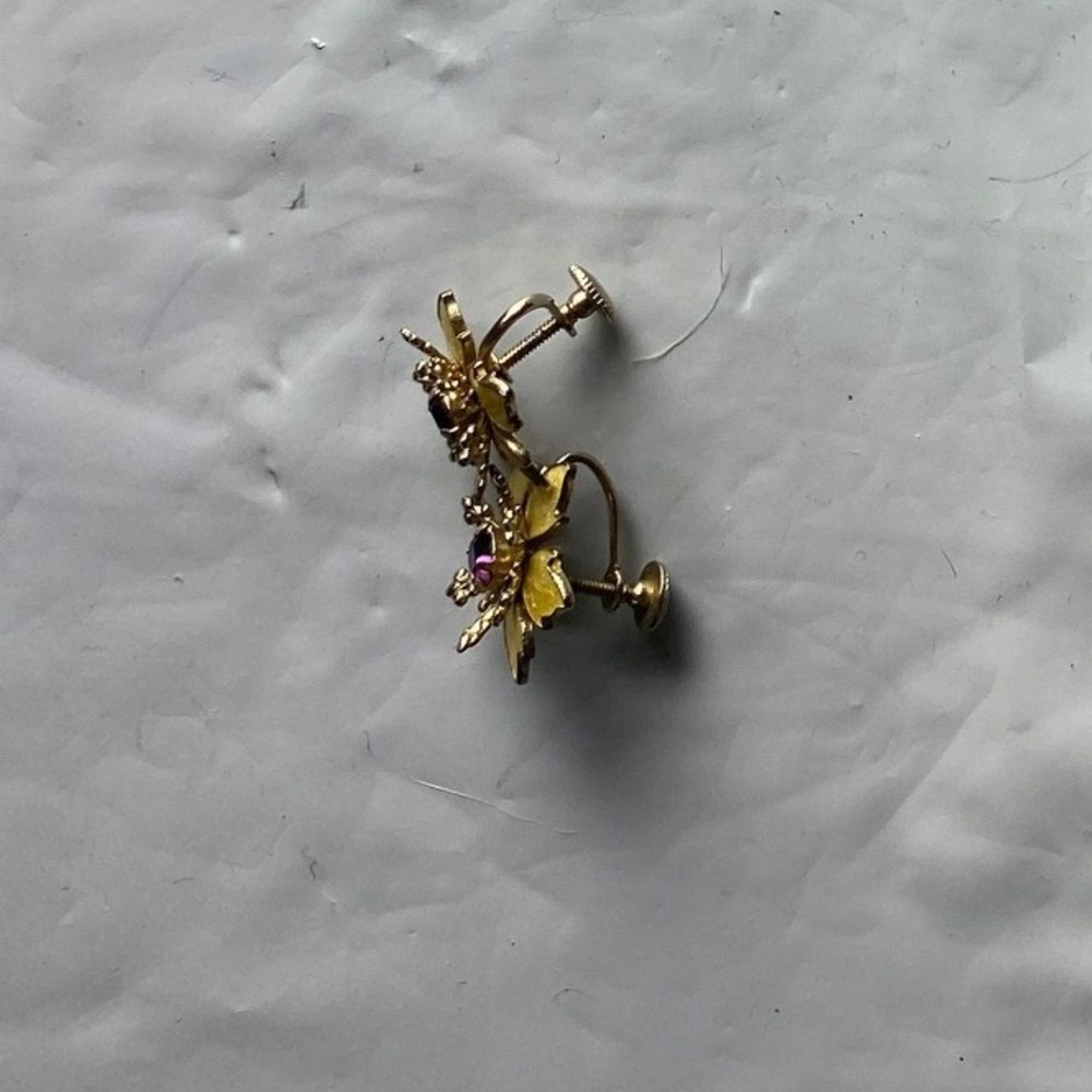 Gold Tone Butterfly Screw Back Earrings with Red and Clear‎ Gem Accents